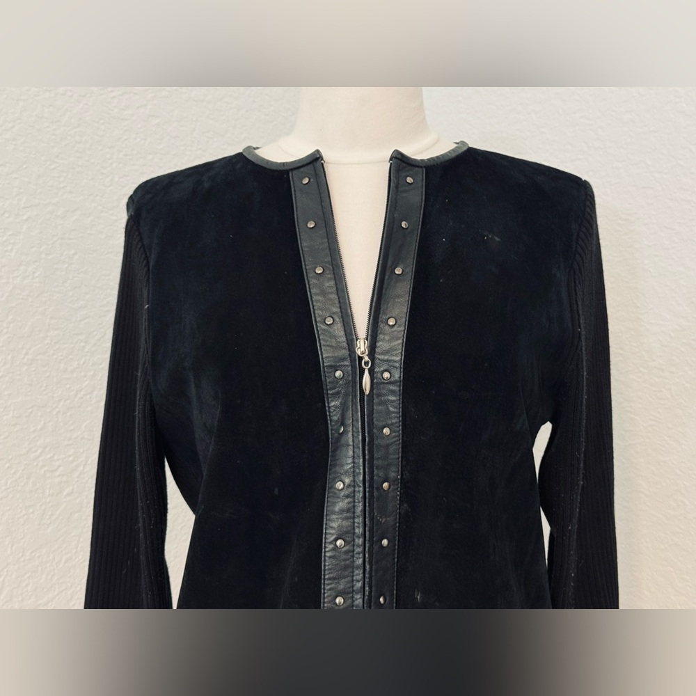Vintage Escapade Suede Front Knit Sweater Jacked With Studded Leather Trim - L - Picture 2 of 8